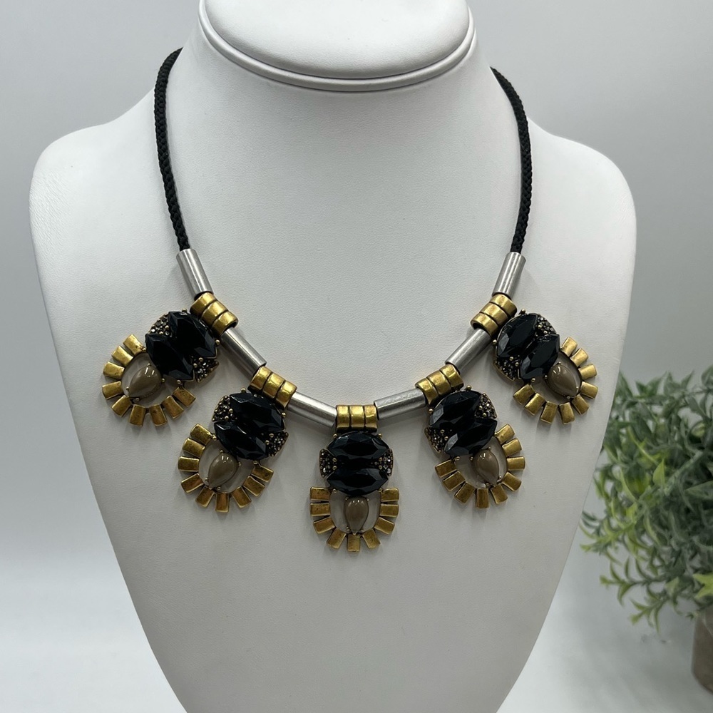J. Crew Brass Silver Mixed Metal Black Rhinestones Cord‎ Statement Necklace